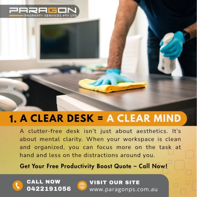A clean office doesn’t just look good – it can significantly boost your productivity! 
A tidy workspace minimizes distractions, improves focus, and sparks creativity. 

If you're searching for reliable office cleaning in Melbourne, we’ve got you covered. Let us handle the cleaning, so you can concentrate on what matters most to your business.

Get a FREE quote today and book your office cleaning service with us! Visit: https://paragonps.com.au/office-cleaning-melbourne/