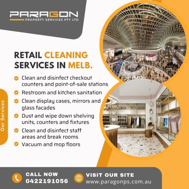 🛍️ Retail Cleaning Services in Melbourne 🧼
Looking for reliable retail cleaning services in Melbourne? Paragon Property Services delivers spotless results that help your store shine—day in, day out.

Create a cleaner, safer space for your staff and customers with expert care you can count on.

👉 Discover more: https://paragonps.com.au/retail-cleaning-melbourne/

#RetailCleaningServicesInMelbourne #MelbourneRetail #CommercialCleaning #ParagonPropertyServices