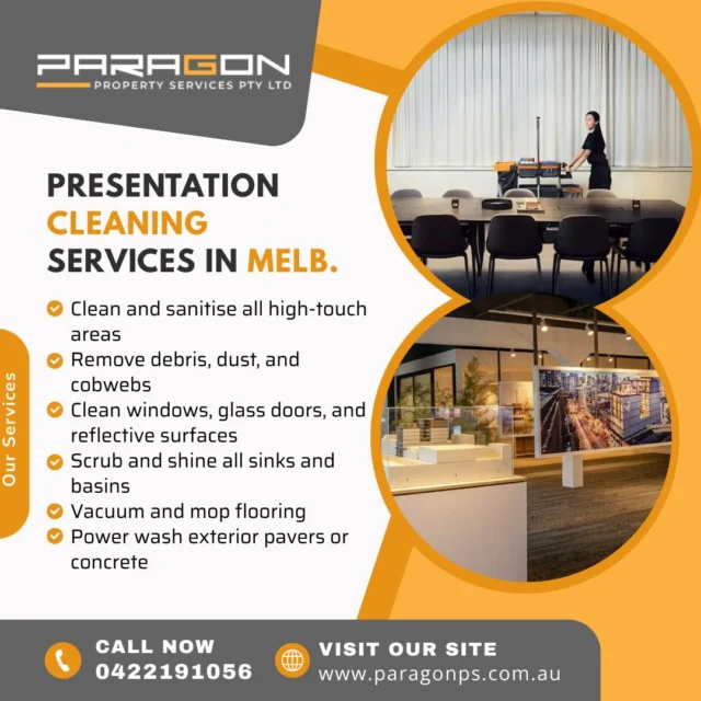 ✨ Transform Your Space with Paragon Property Services! ✨

Looking for top-notch Presentation Cleaning Services in Melbourne? Paragon Property Services has you covered! We specialize in cleaning homes, offices, and event spaces, ensuring your environment looks flawless and professional every time.

Whether it’s for a business presentation, a special event, or just a routine deep clean, our team guarantees impeccable results.

🔹 Reliable & Affordable
🔹 Tailored Cleaning Packages
🔹 Satisfaction Guaranteed

Call us today at 0422 191 056 or visit our website for more details!
📍 Serving Melbourne & Surrounds

👉 Know More- https://paragonps.com.au/presentation-cleaning-services-melbourne/

#PresentationCleaning #MelbourneCleaning #ParagonPropertyServices #CleanSpaces #EventReady #OfficeCleaning #ResidentialCleaning #MelbourneBusiness #CleaningExperts #DeepClean #SparkleAndShine #ProfessionalCleaning #MelbourneLiving #CleaningSolutions